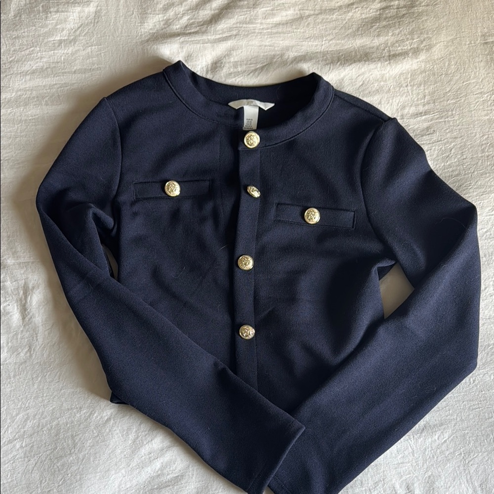 Navy Button-Front Crewneck Cardigan with Gold Buttons